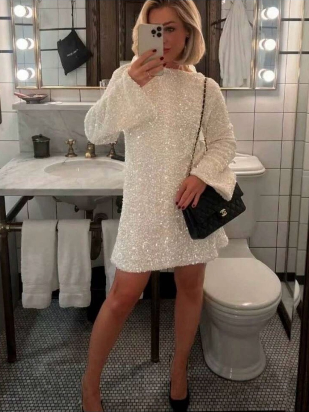 SHEIN White Sequin Mini Dress with Long Sleeves